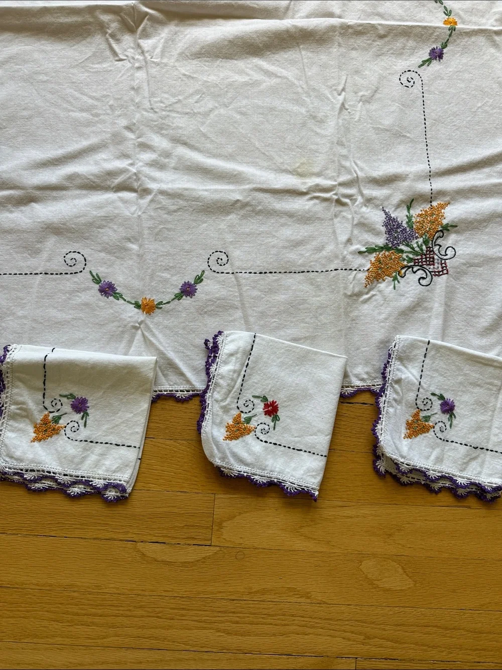 Hand-Embroidered White Tablecloth with Purple & Gold Floral Accents